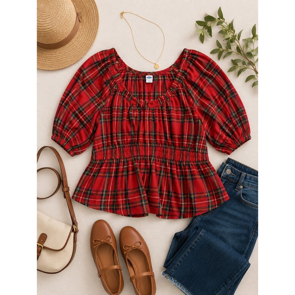 Old Navy Plus 2X Red Plaid Peasant Top Babydoll Smocked Cotton Cottagecore Boho